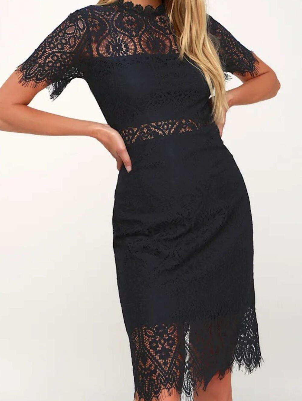 Lulus Remarkable Navy Blue Sheer Lace Short Sleeve Mini Dress Size Large Pencil